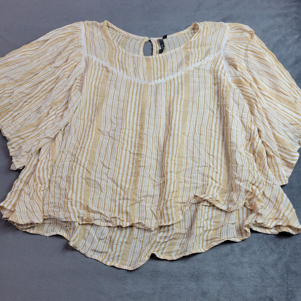 LOV Shirt Womens Large Top Yellow White Stripe Ruffle Sleeve Comfort‎ Pullover